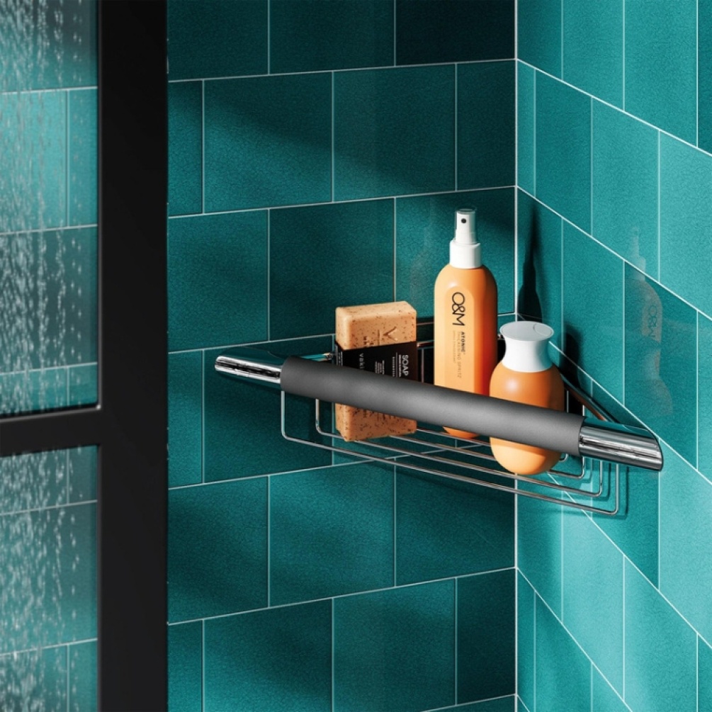 Product Lifestyle image of the HIB Corner Shower Basket with Grab Bar